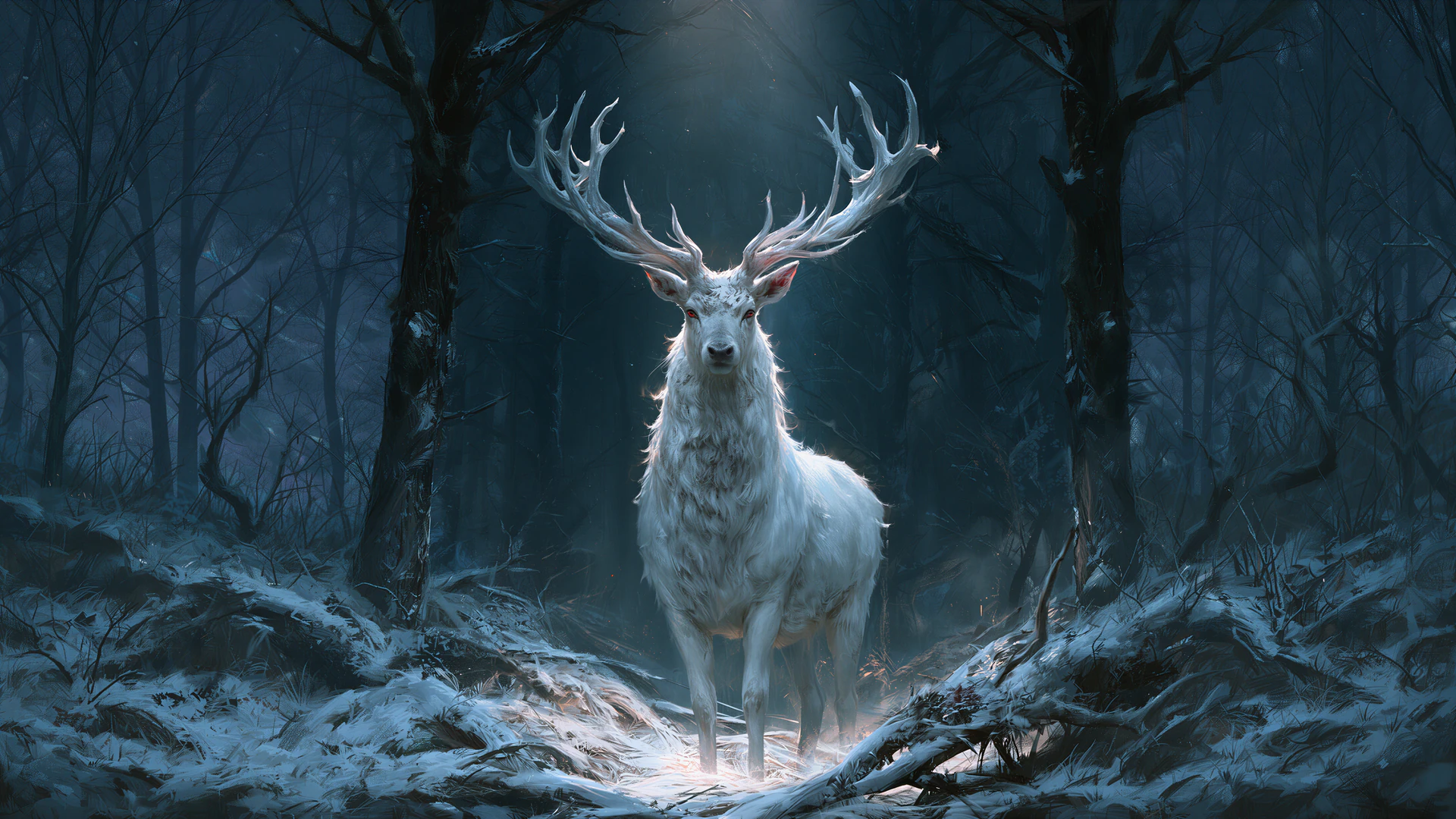 A majestic white stag watches from a shadowy winter forest, illuminated by an eerie overhead glow. This dark fantasy scene feels both magical and quietly men…