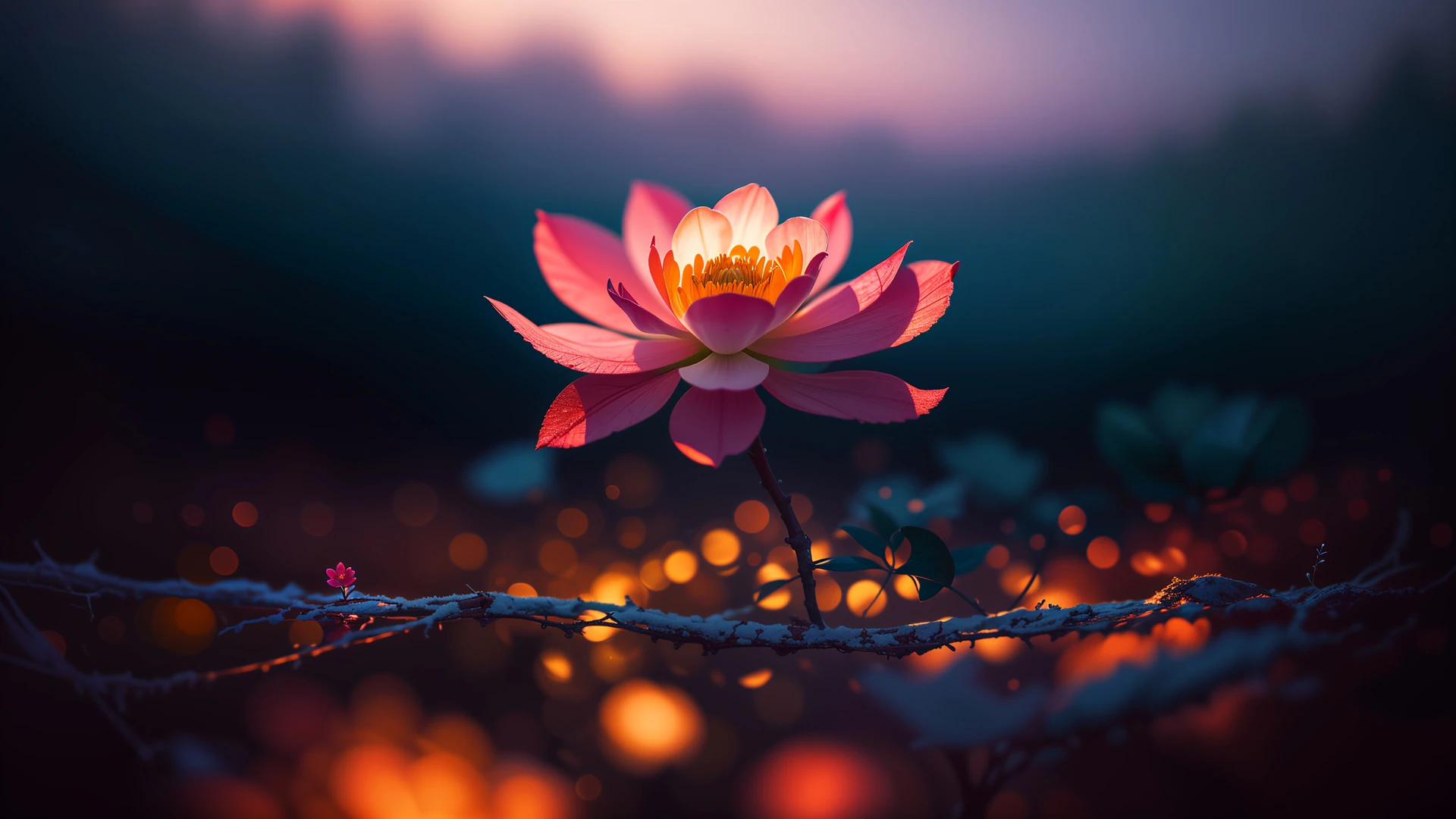 A luminous lotus flower blooms against a moody twilight backdrop, illuminated by warm golden light. This ethereal macro artwork captures solitary beauty thro…