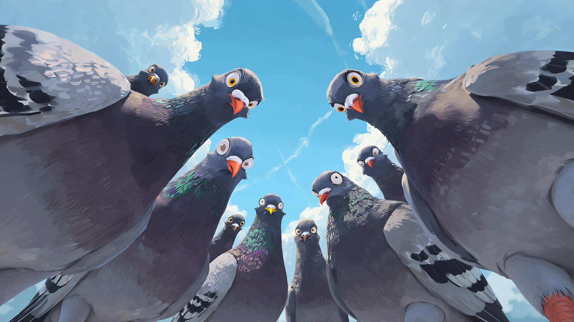 A quirky low-angle view of curious pigeons huddled overhead, peering down with expressive faces against a vivid blue sky and soft clouds.