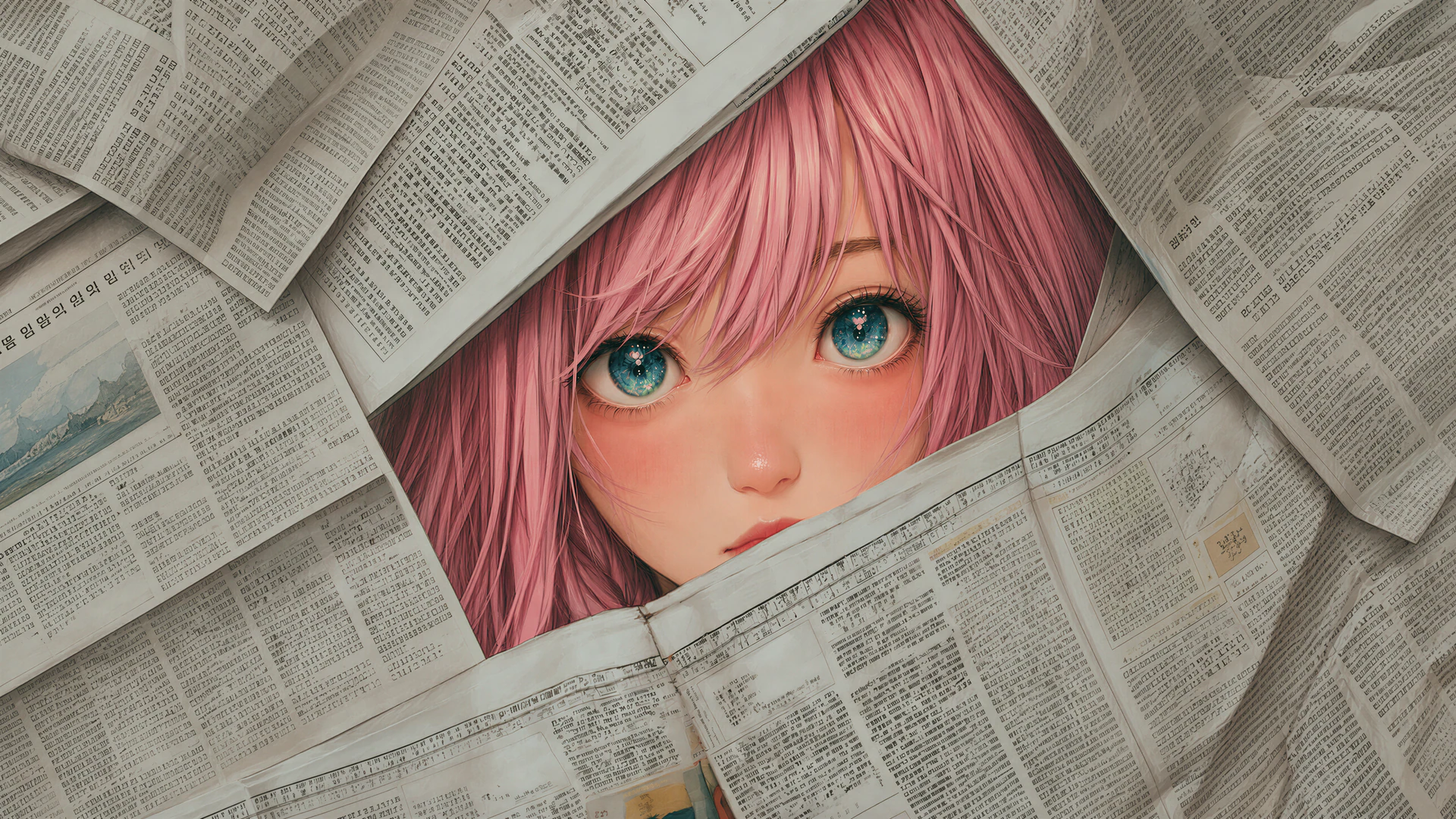 A kawaii pink-haired anime girl with sparkling blue eyes peeks through layered newspaper pages in this charming close-up wallpaper.