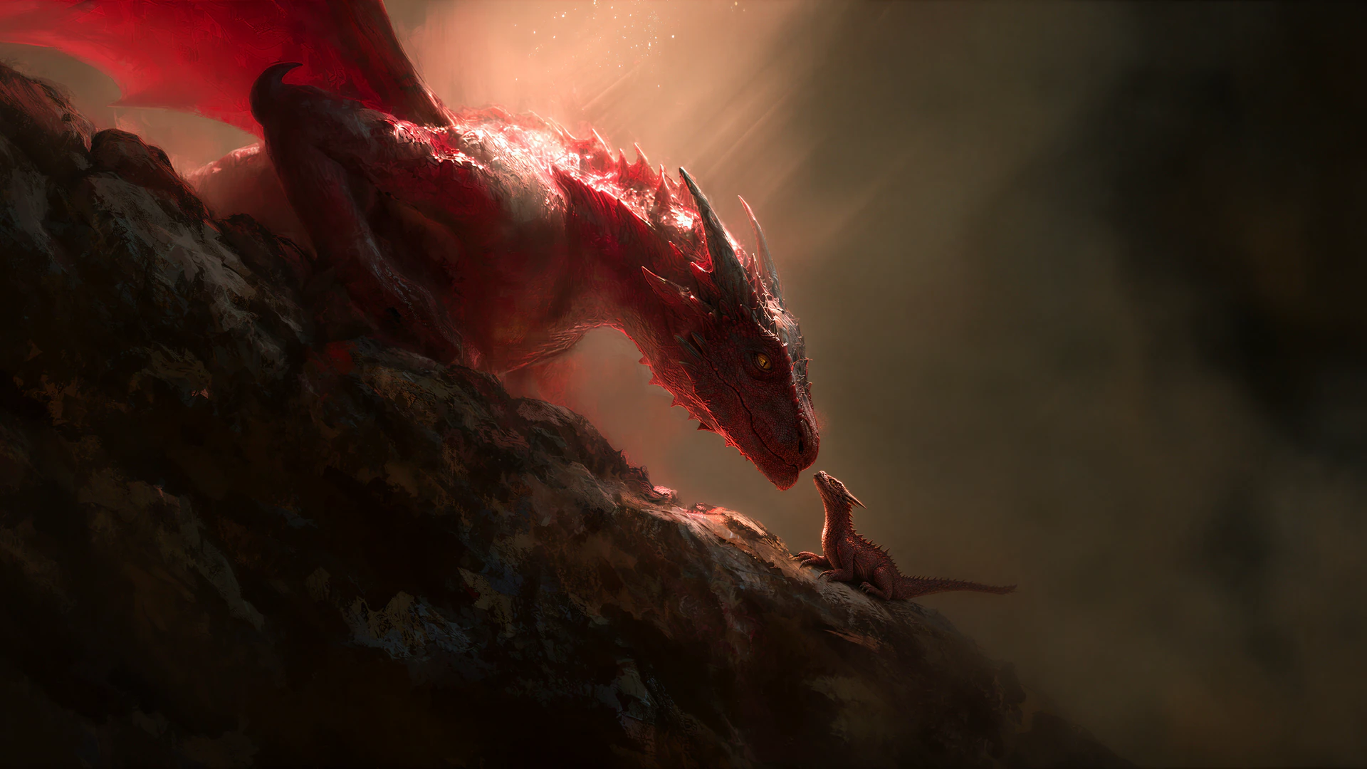 A mighty red dragon leans over a misty cliff toward its tiny hatchling. Warm light catches their scales in this dramatic fantasy scene.