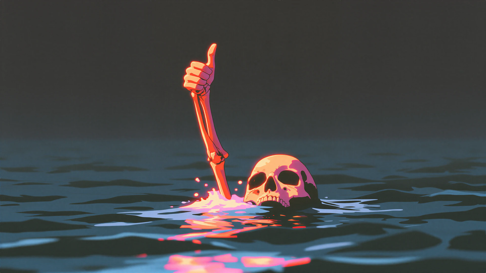 A neon skeleton sinks beneath dark water, raising one last thumbs-up. Bold coral, pink, and violet highlights create a surreal cyberpunk editorial look.