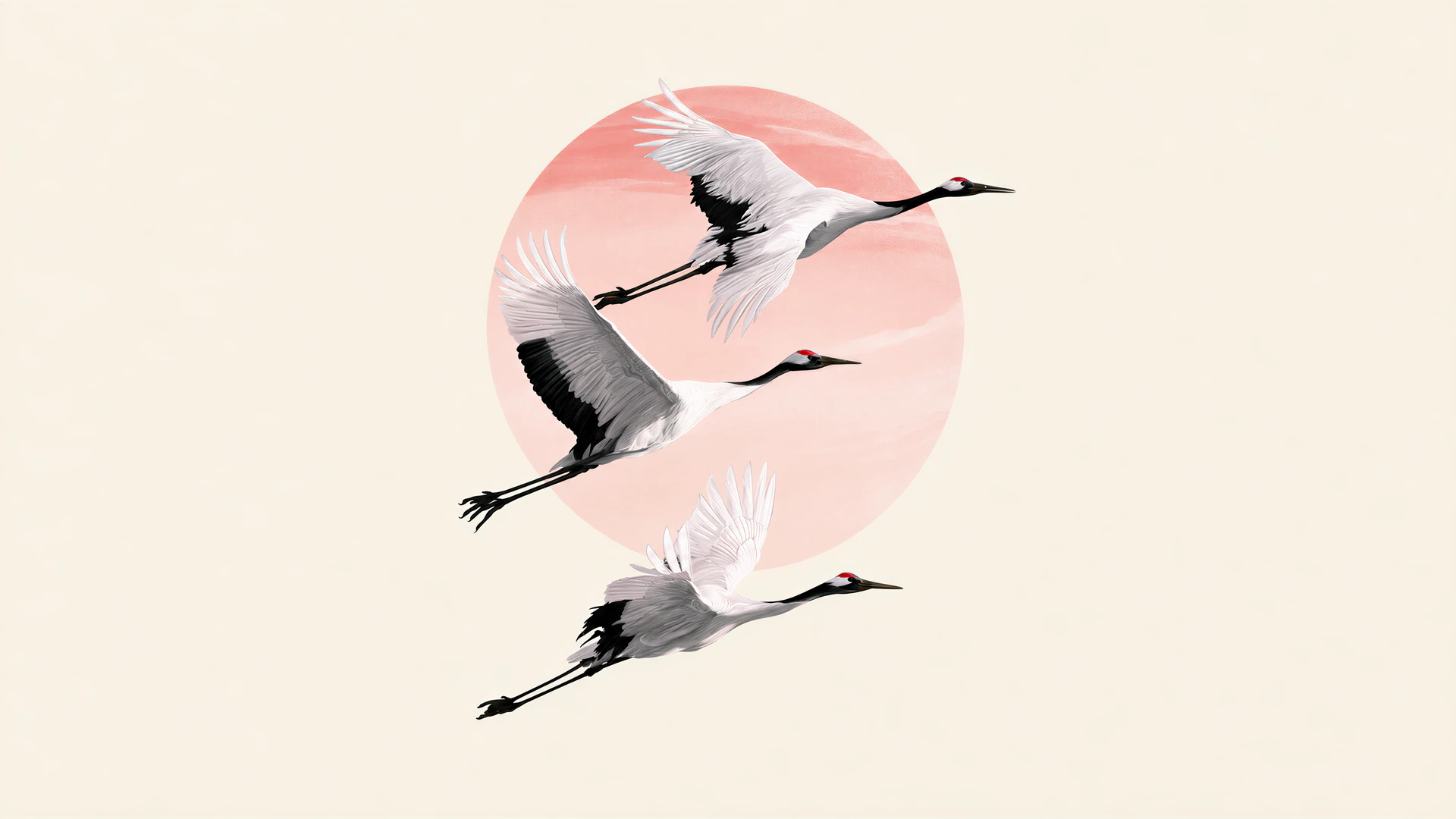 Three elegant cranes glide across a soft pink sun in this serene Japanese-inspired art print. A minimalist pastel wallpaper filled with quiet motion and time…