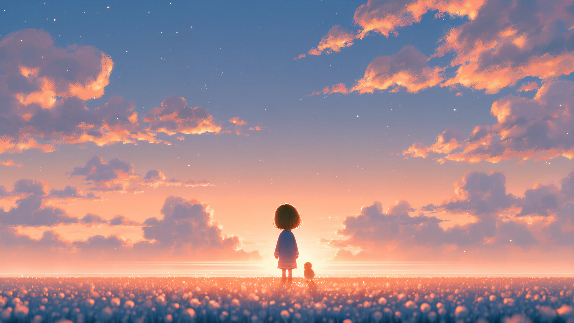 A cute girl and her tiny chick stand together beneath a glowing sunrise, surrounded by sparkling flowers and dreamy pastel clouds. A heartwarming digital art…