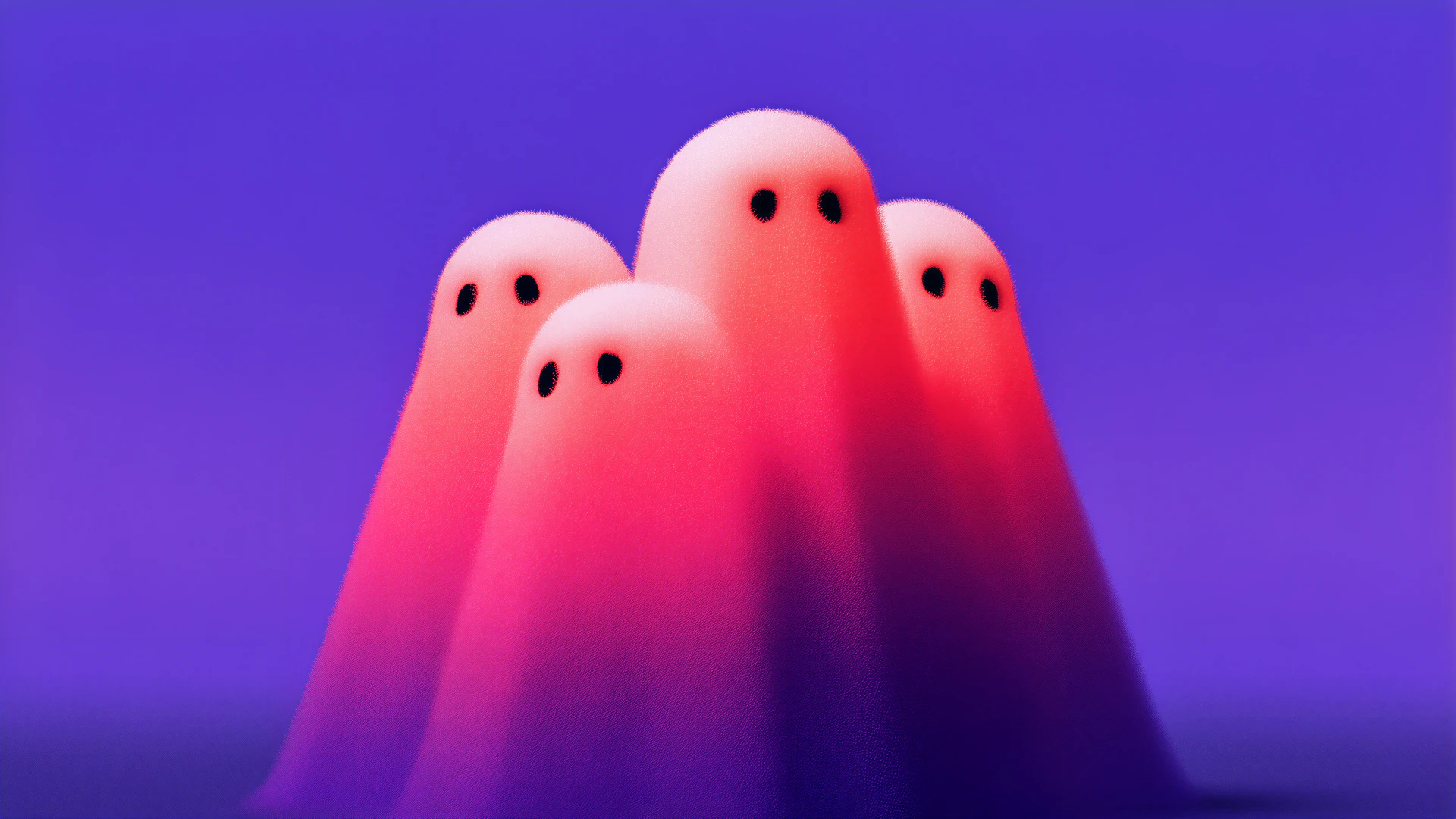 A soft cluster of cute iridescent ghosts glows in coral pink and violet hues. Their playful silhouettes create a dreamy, spooky-cute wallpaper.