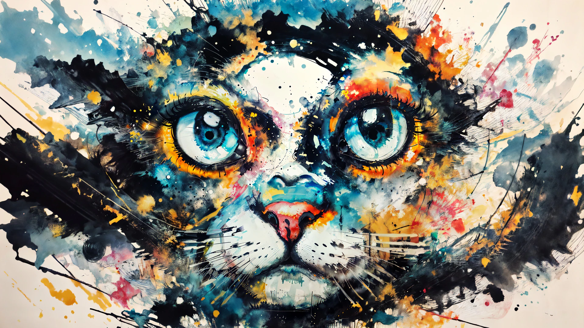 A wild burst of watercolor and ink forms a mesmerizing cat face, blending chaotic splatters with striking blue eyes. Bold, artistic and full of raw energy.