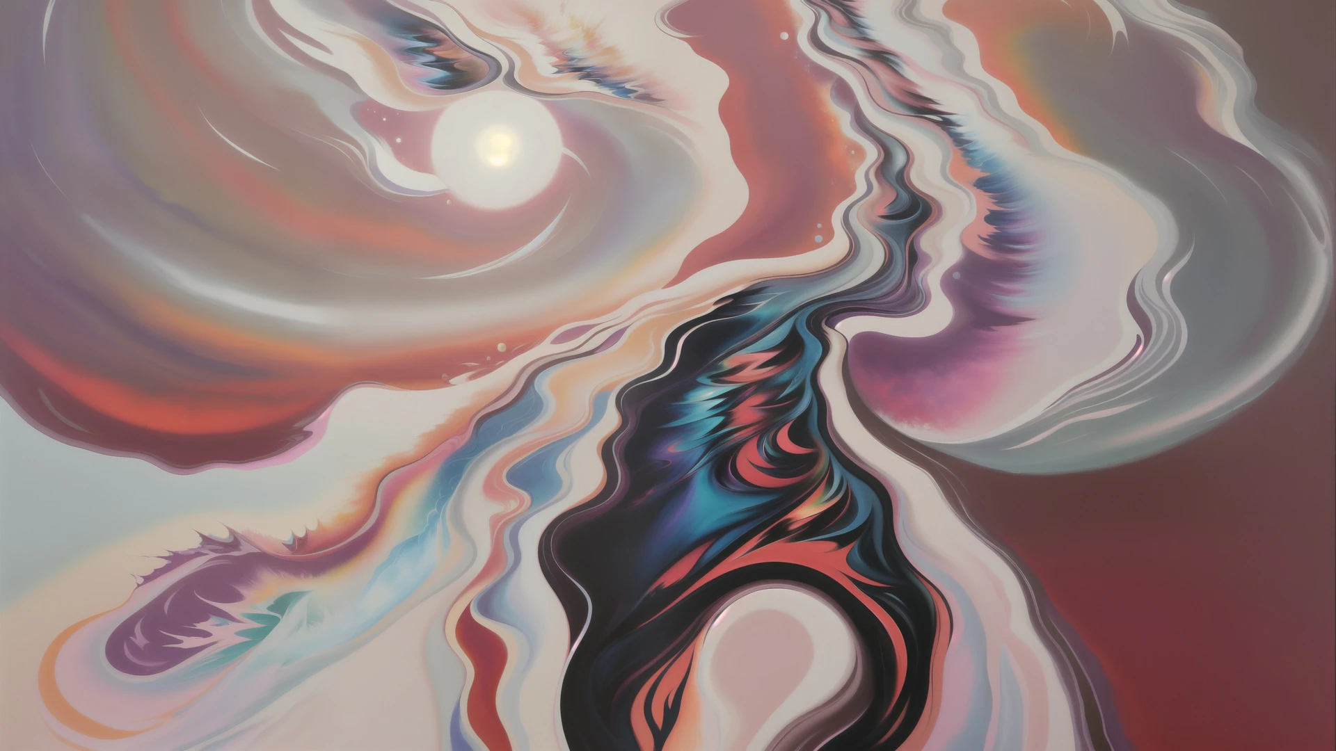 Swirling pastel currents collide with dark cosmic ribbons in this surreal acrylic-pour wallpaper, evoking a timeless dreamscape of light and shadow.