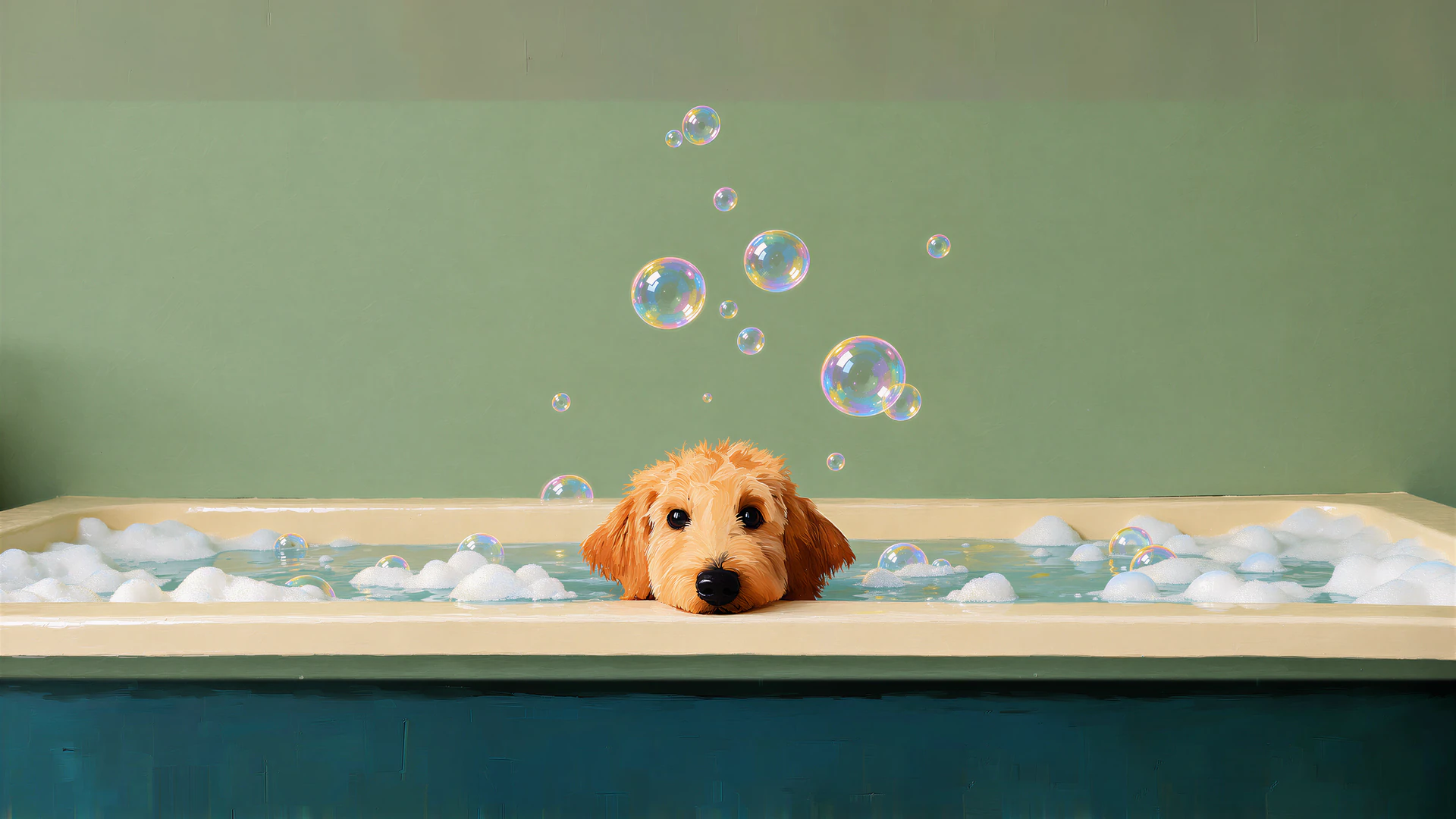 A fluffy golden puppy peeks over a bubbly bathtub, surrounded by floating soap bubbles. Its curious gaze brings playful warmth to this charming bath-time scene.