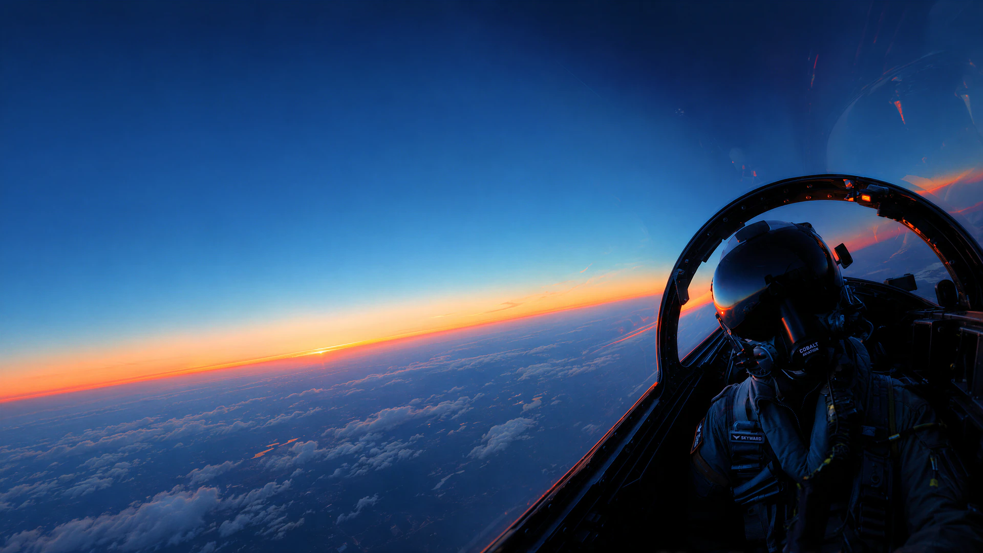 A fighter pilot cuts through the stratosphere as Earth’s clouds glow beneath a vivid blue-and-orange horizon. Captured from the cockpit in dramatic wide-angl…