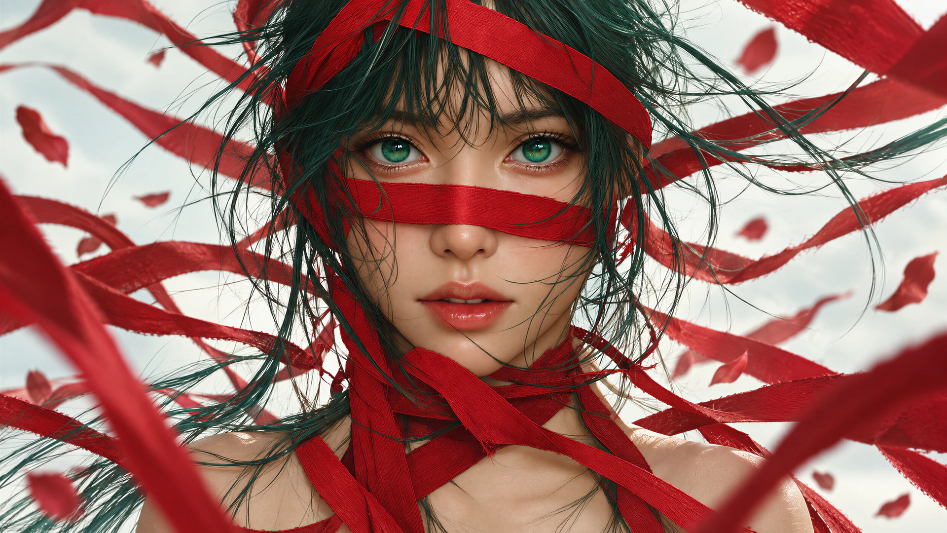 An anime-inspired woman with vivid green eyes emerges through swirling crimson ribbons. Windswept hair and torn calligraphy create an ethereal, dramatic fant…