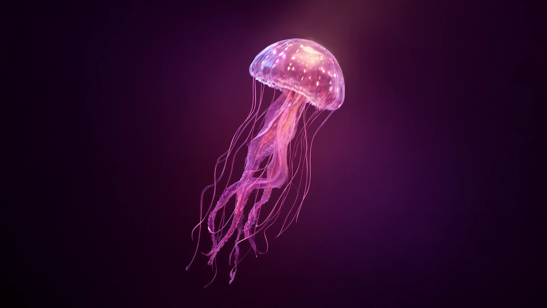A glowing translucent jellyfish drifts through a deep plum haze, its delicate tentacles shimmering with luminous pink and violet light.