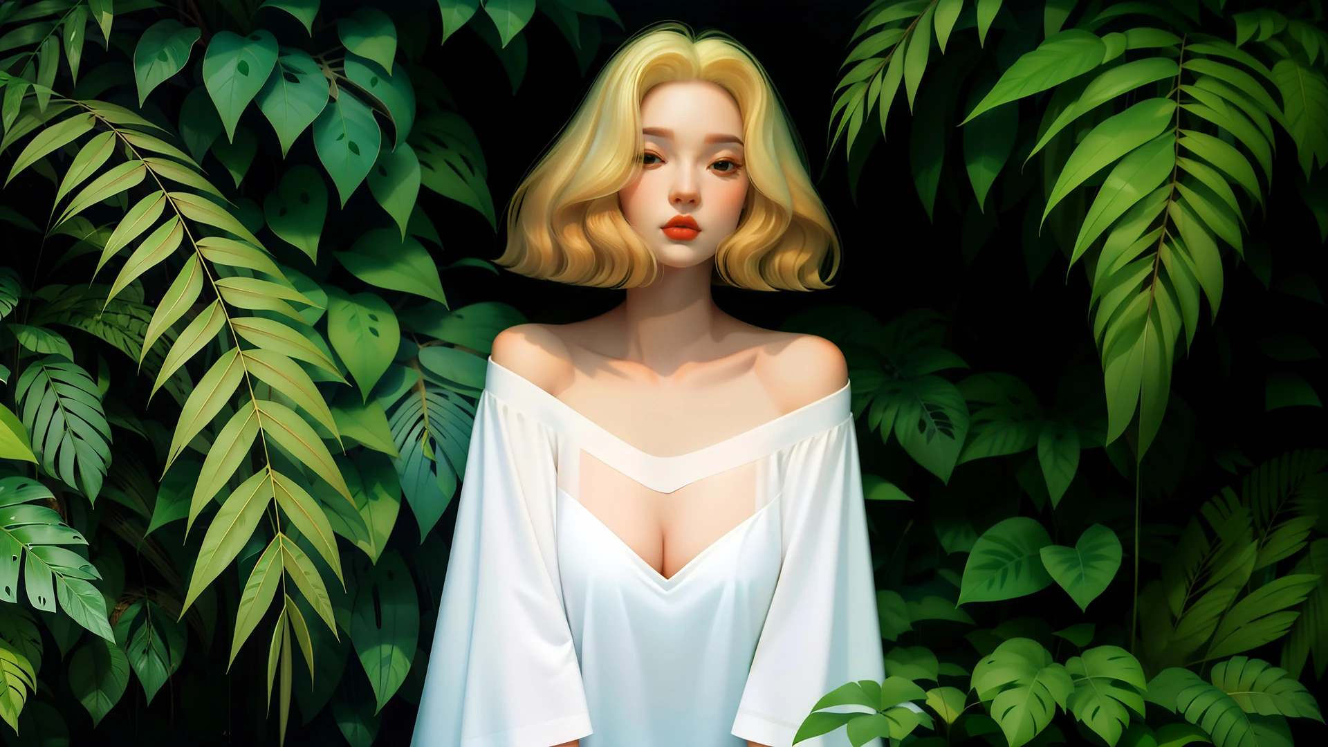 A striking portrait of a blonde beauty draped in white, framed by lush tropical foliage. Perfect nature-meets-elegance wallpaper for your screen.