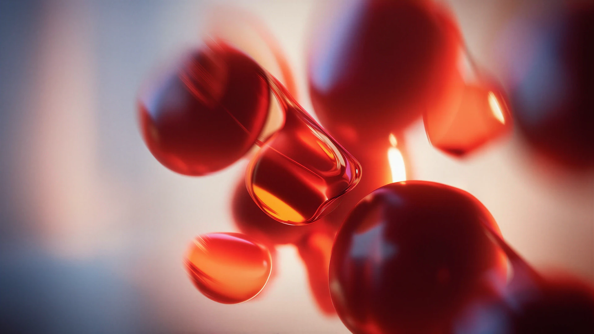 Abstract red glass forms float through a glowing white space, captured in soft focus with vivid highlights, motion blur, and cinematic depth.
