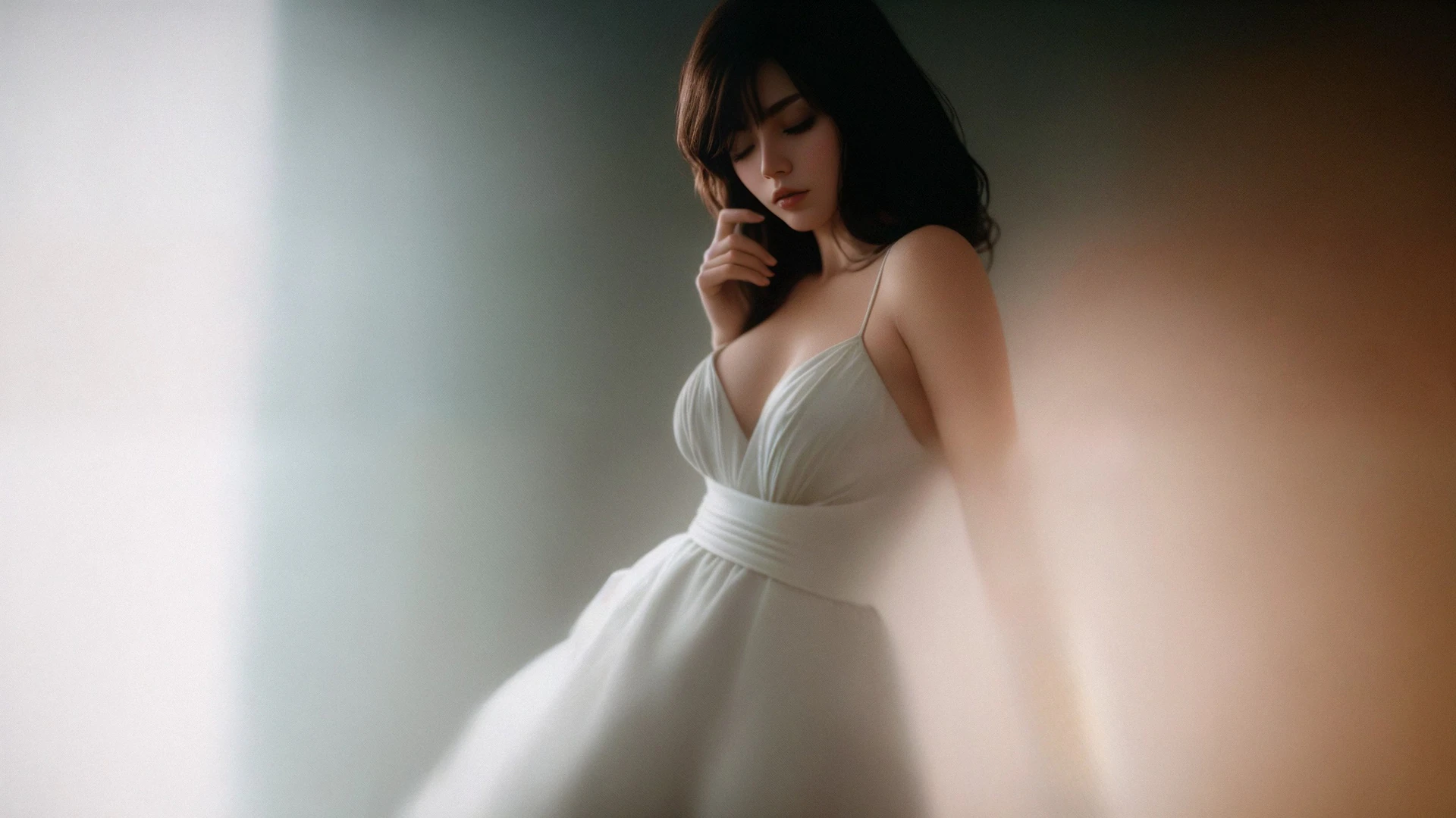 A dreamy portrait of a woman in a flowing white dress, bathed in soft cinematic light and gentle mist. Perfect ethereal wallpaper for a calm, romantic aesthe…