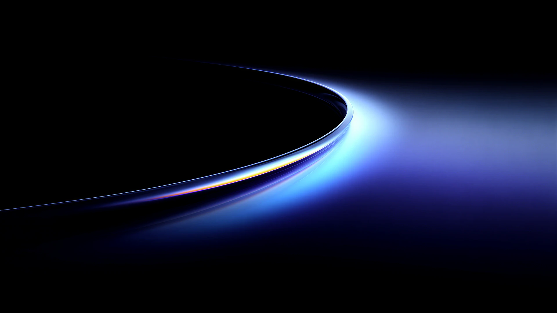 A luminous blue halo curves through deep black, blending futuristic technology with sleek, atmospheric depth. A striking abstract wallpaper for modern screens.