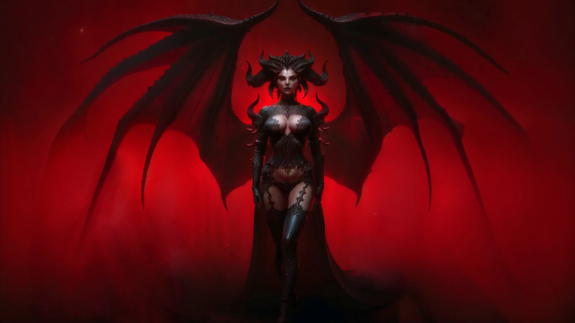 A horned demon queen spreads massive dragon-like wings against a blood-red haze, radiating dark fantasy power in intricate black armor.
