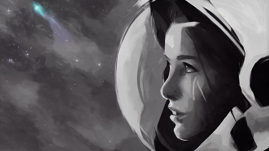 Black and White Illustration of Young Woman Astronaut