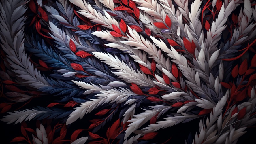 Feathers Pattern with Red and White Coloring, Dark Violet Wallpaper