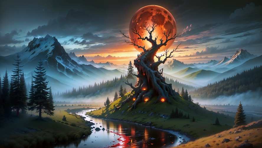 Eerie Mountain Landscape with a Blood Moon Wallpaper