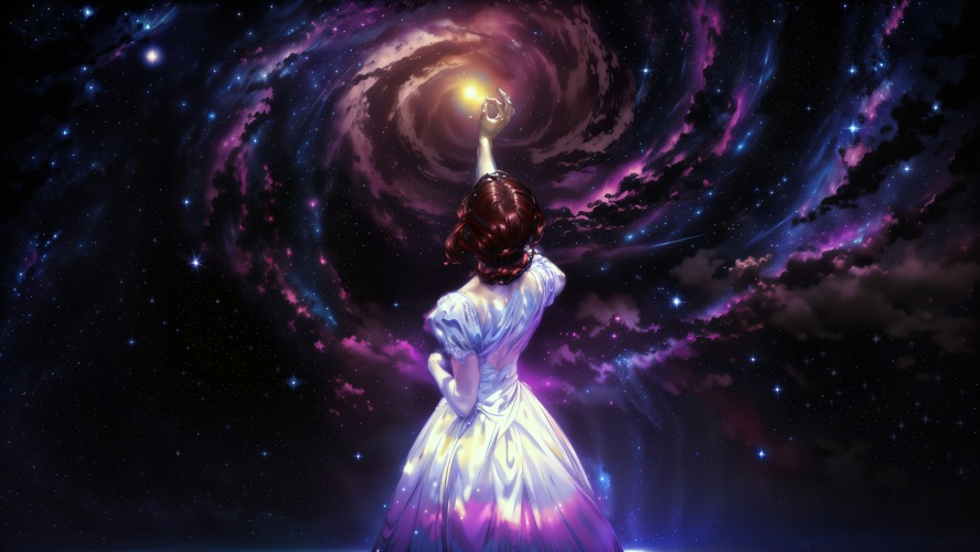 Beautiful Woman in Ball Gown Reaching for Star with Galaxy Background