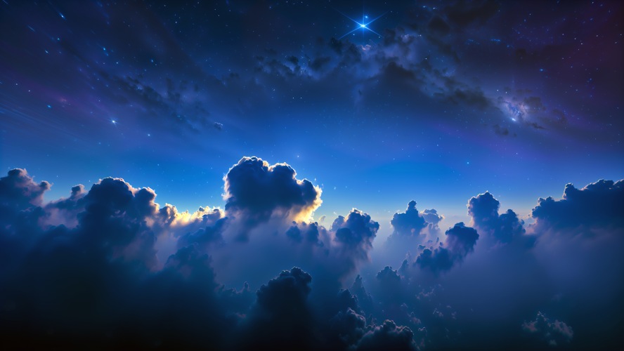 Minimalistic Sunset Above the Clouds - Cloudscape and Distant Galaxy Wallpaper