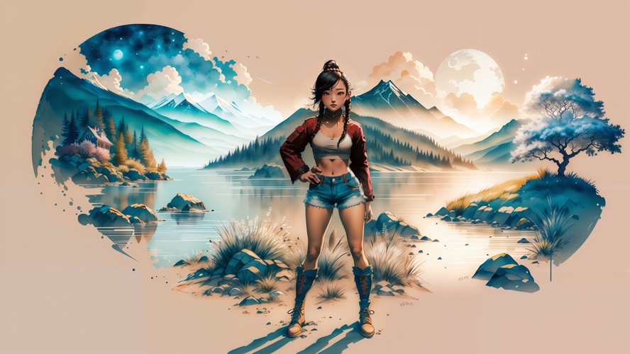 Illustration of A Young Woman Adventurer Among Nature Wallpaper
