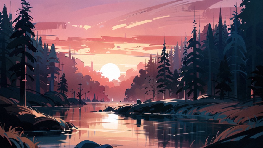 Sunset Over Lake and Trees Landscape - Pastel Sketch Wallpaper