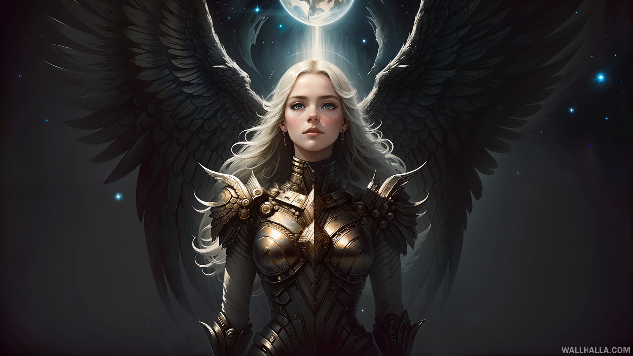 Download this stunning HD digital oil painting wallpaper, featuring a beautiful lonely angel amidst space and alien planets with majestic wings, inspired by Valkyrie concept art. Experience the elegant, intricate, and symmetrical composition that's trending on Wallhalla.