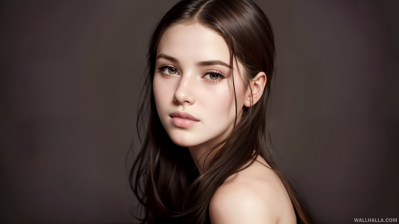 Download this stunning realistic photography of a beautiful young woman with delicate buttoned shirt and sharp focus. Experience the amazing details and hyper realistic eyes at Wallhalla.