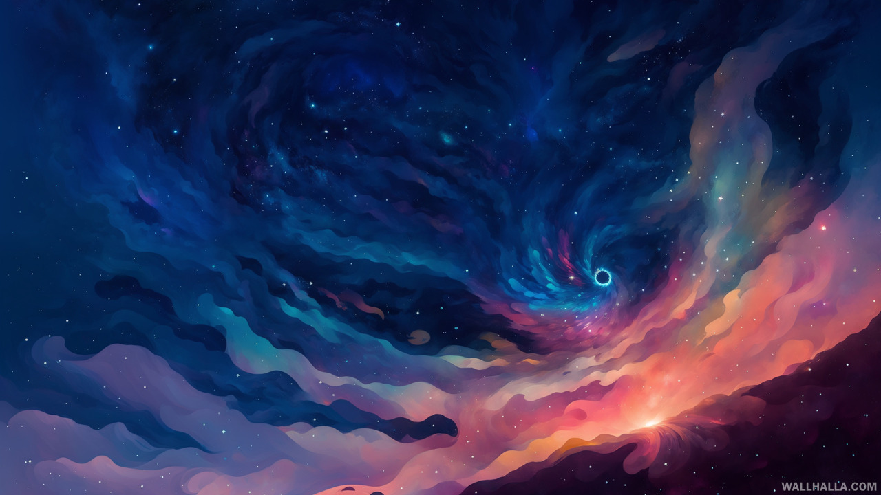 Discover our smooth and detailed Spiral Galaxy Northern Lights Cosmos View illustration, featuring modern expressionist and minimalist vector art, with nebulae, stars, and smooth gradients. Download 4k masterpiece wallpapers at Wallhalla.