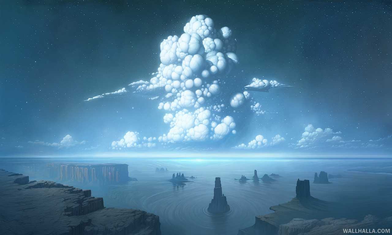 Discover the breathtaking concept art of a distant blue alien planet featuring layered clouds, ocean cliffs and rocks. Download this masterpiece from Wallhalla and enhance your devices.