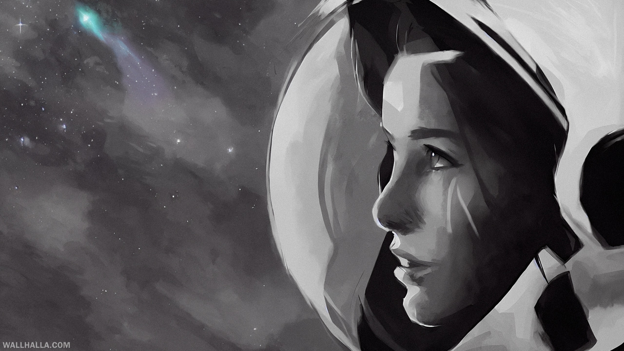 Discover our unique black and white illustration of a young woman in an astronaut helmet gazing at the stars. Add a touch of wonder to your desktop or mobile with Wallhalla.