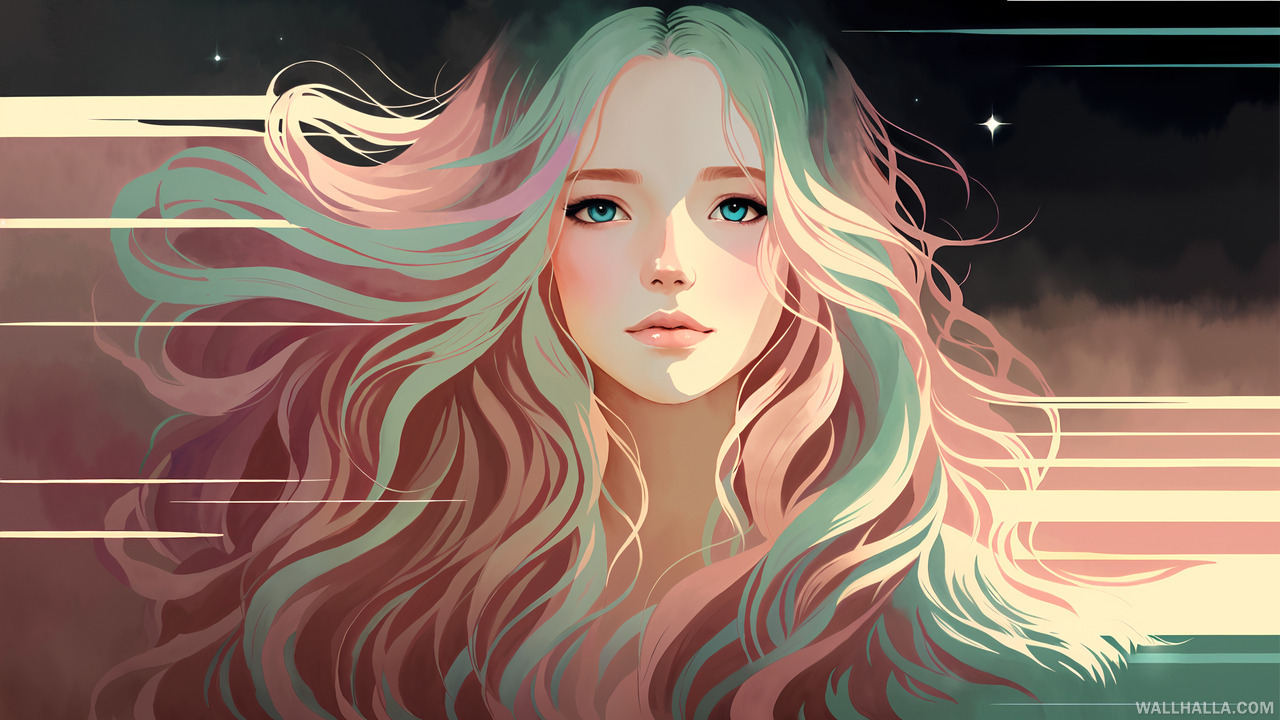 Discover a captivating ethereal fantasy portrait of a beautiful young woman with delicate features, long hair, and enchanting pastel colors. Immerse yourself in the mystical, whimsical world of enchanted forests through our hand-drawn, watercolor digital art.
