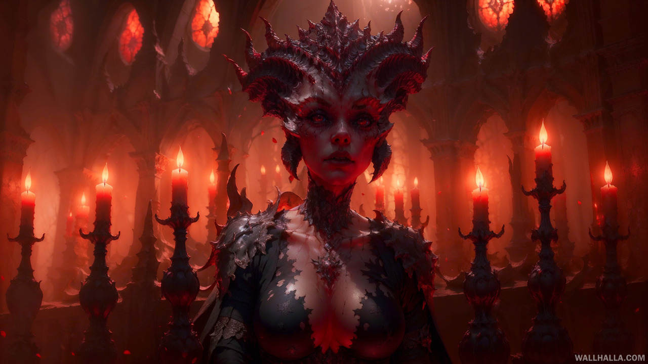 Discover our ultra-detailed AI-generated wallpapers featuring a dark, realistic medieval cathedral room scene and a beautiful woman, Lilith, in lewd clothing with glowing eyes. Wallhalla has the best quality, insanely detailed texture wallpapers to enhance your desktop and mobile experience.