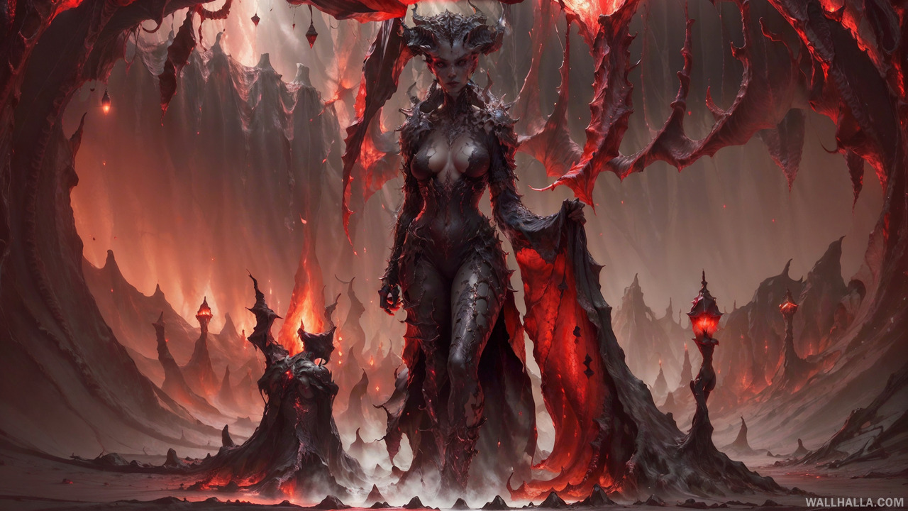 Download this striking, ultra-detailed Lilith masterpiece wallpaper featuring a woman walking towards the viewer in a dark and gory setting with intricate details and lewd clothing. Experience the crisp image quality, exposed cleavage, and red tones at Wallhalla.