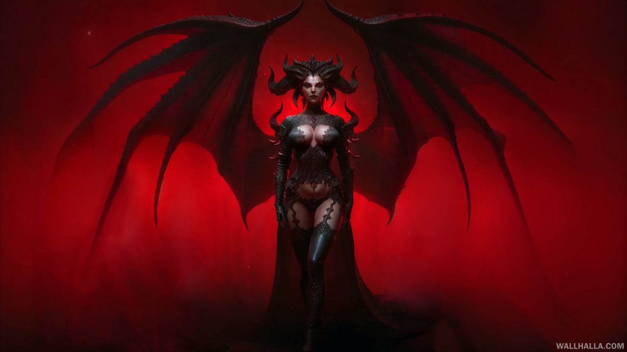 Experience the dark mood of this ultra-detailed, realistic photo of Lilith, a devil woman with wings, walking towards the viewer. This masterpiece features intricate details, a lewd clothing, and a captivating gaze.