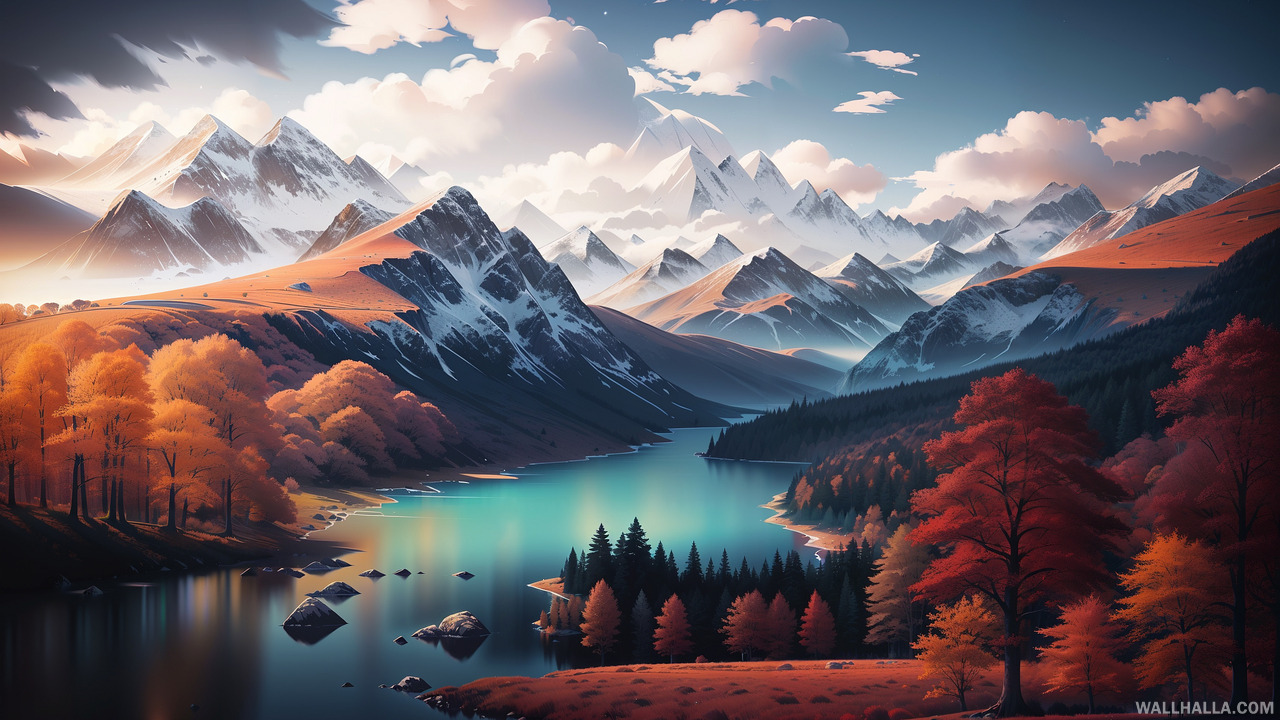 Discover our serene and natural masterpiece! Download this stunning, minimalistic, and vibrant AI-generated lake and mountain landscape wallpaper with subtle shading and clean lines.