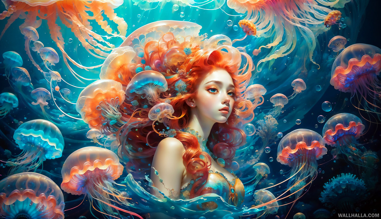Discover our beautiful and aesthetic masterpiece mermaid wallpaper featuring a girl with perfect face, red long hair, and extremely detailed eyes swimming with jellyfish under the sea.