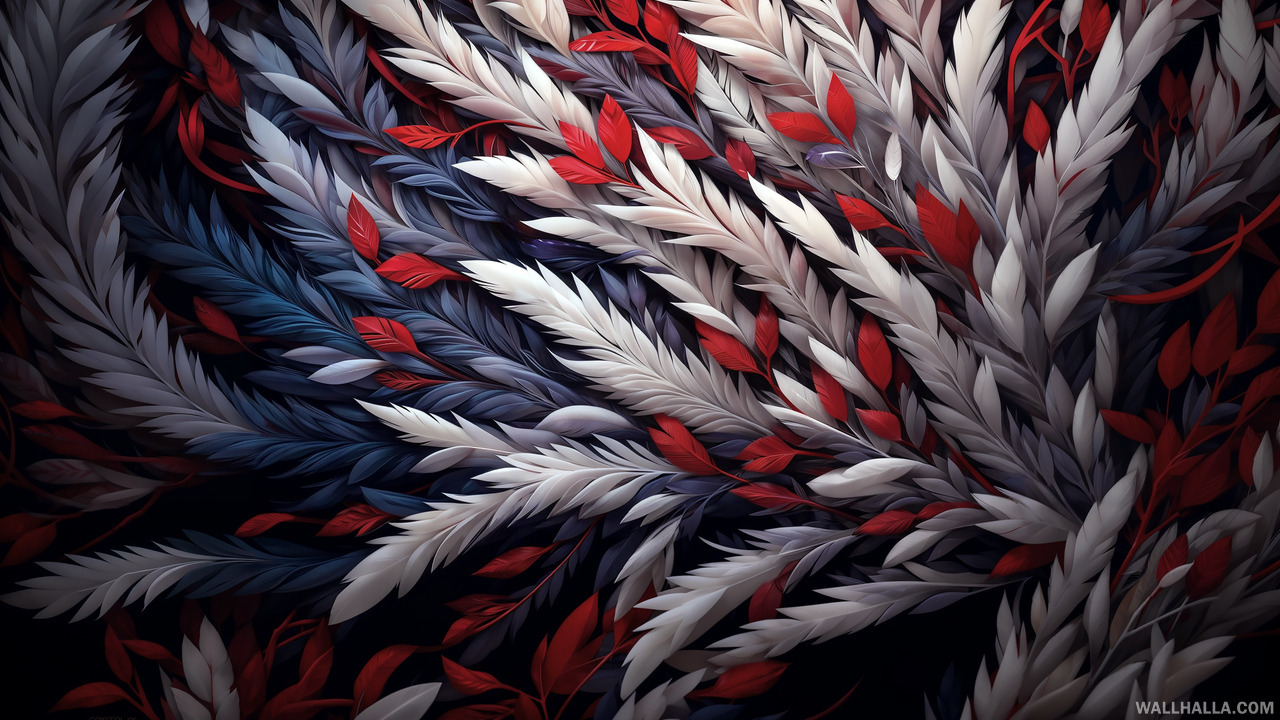 Discover a stunning masterpiece of transparent feathers with red and white coloring in the style of dark white and dark violet, featuring rich texture, and delicate coloring. This animecore desktop and mobile wallpaper is a detailed and tangled work of art.