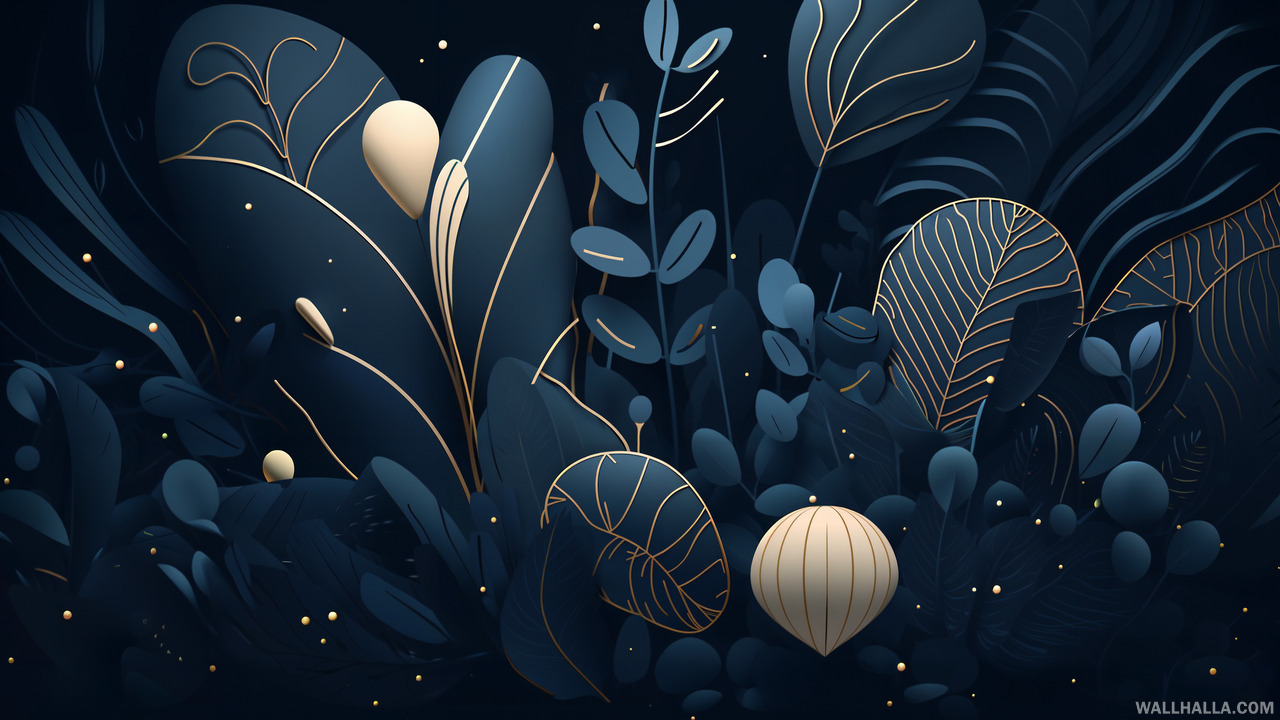 Discover this unique 2D line art illustration with organic shapes and plants, featuring a minimalist style on a dark blue background. Enhance your screens with beautiful leaves wallpaper from Wallhalla.