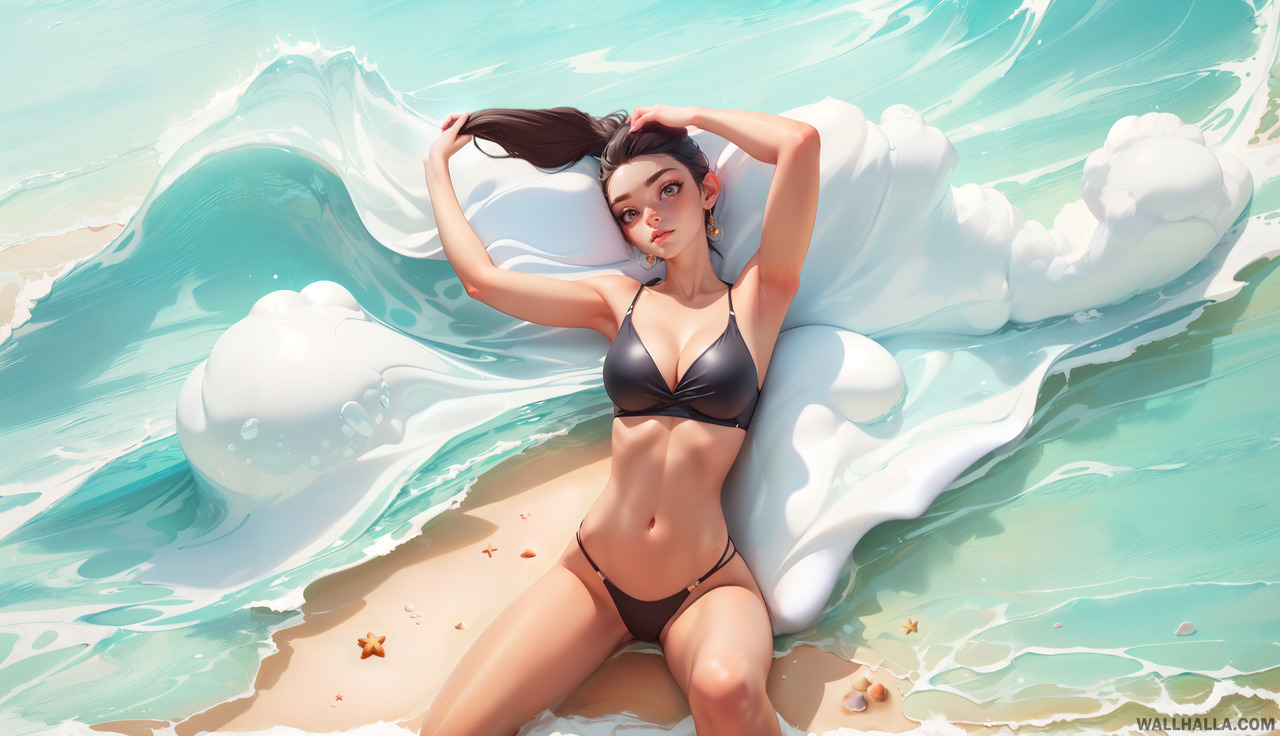 Discover our masterpiece AI generated wallpaper featuring a beautiful woman in a bikini sitting on a perfect beach, captured from above with sharp focus. Explore the detailed ocean, sand, and layered clouds scene at Wallhalla.