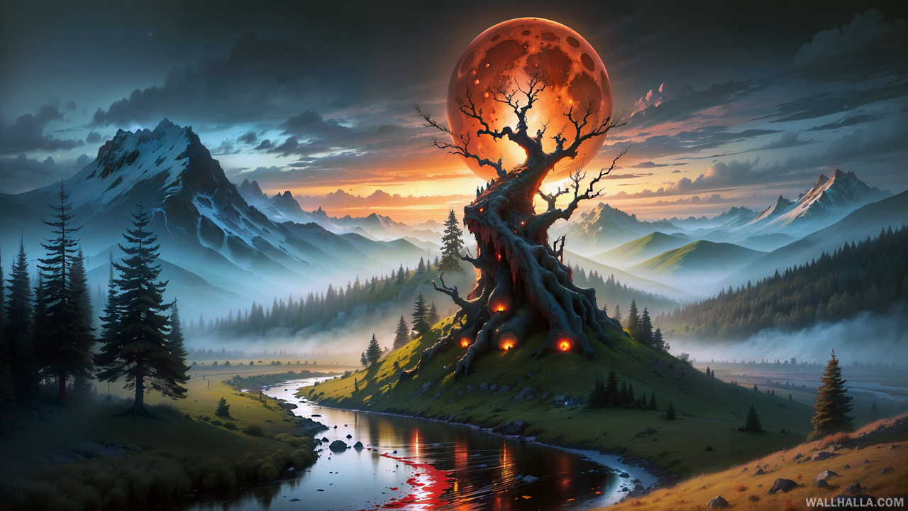 Discover our captivating digital art masterpiece featuring an eerie mountain landscape, twisted trees, and a haunting blood moon. This high contrast, blood rain night scene with horror theme provides an intense visual experience.