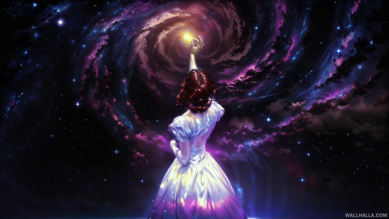 Discover our captivating digital art masterpiece featuring a beautiful young brunette woman in a ball gown reaching for a star surrounded by a spiral galaxy. Immerse yourself in the mystical night sky with cinematic lighting, soft colors, and high contrast.