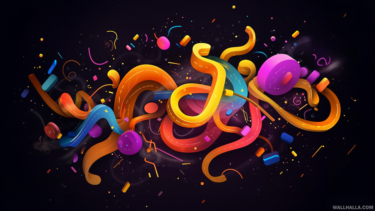 Download this free, high-quality vector art wallpaper featuring vibrant & energetic colorful patterns with cool typography on a blackish background, exclusively on Wallhalla.