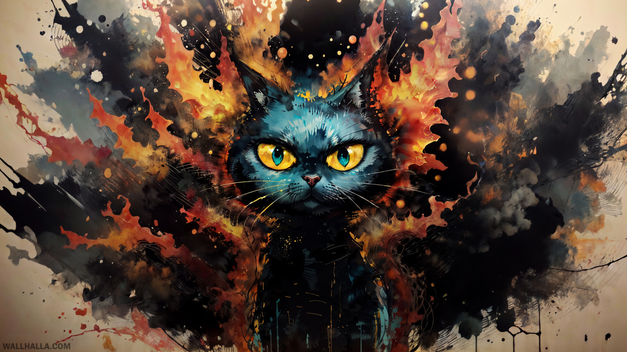 Explore this vivid and meditative expressionist AI-generated illustration of a cute, angry cartoon cat among flames and charcoal ink graffiti. Immerse yourself in the unconventional poses and spiky mounds reminiscent of twisted characters from the 1970s. Download this 4k masterpiece wallpaper now on Wallhalla.