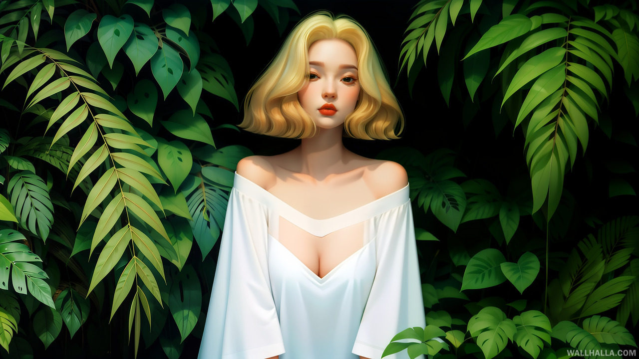 Discover an exquisitely realistic high-resolution wallpaper featuring a girl with Egyptian bob hair, straight short hair, and realistic eyes, amidst a thick jungle of big leaves - only at Wallhalla!