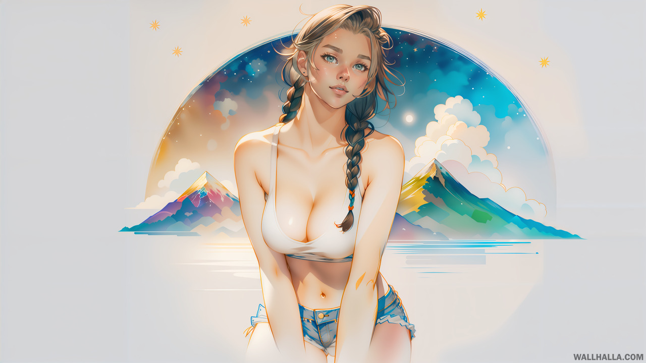 Discover the finest absurdres AI-generated drawing of a young girl featuring a braid, crop top, short shorts, and a beautiful nature scenery, showcasing clean lines and concept character art, only at Wallhalla.