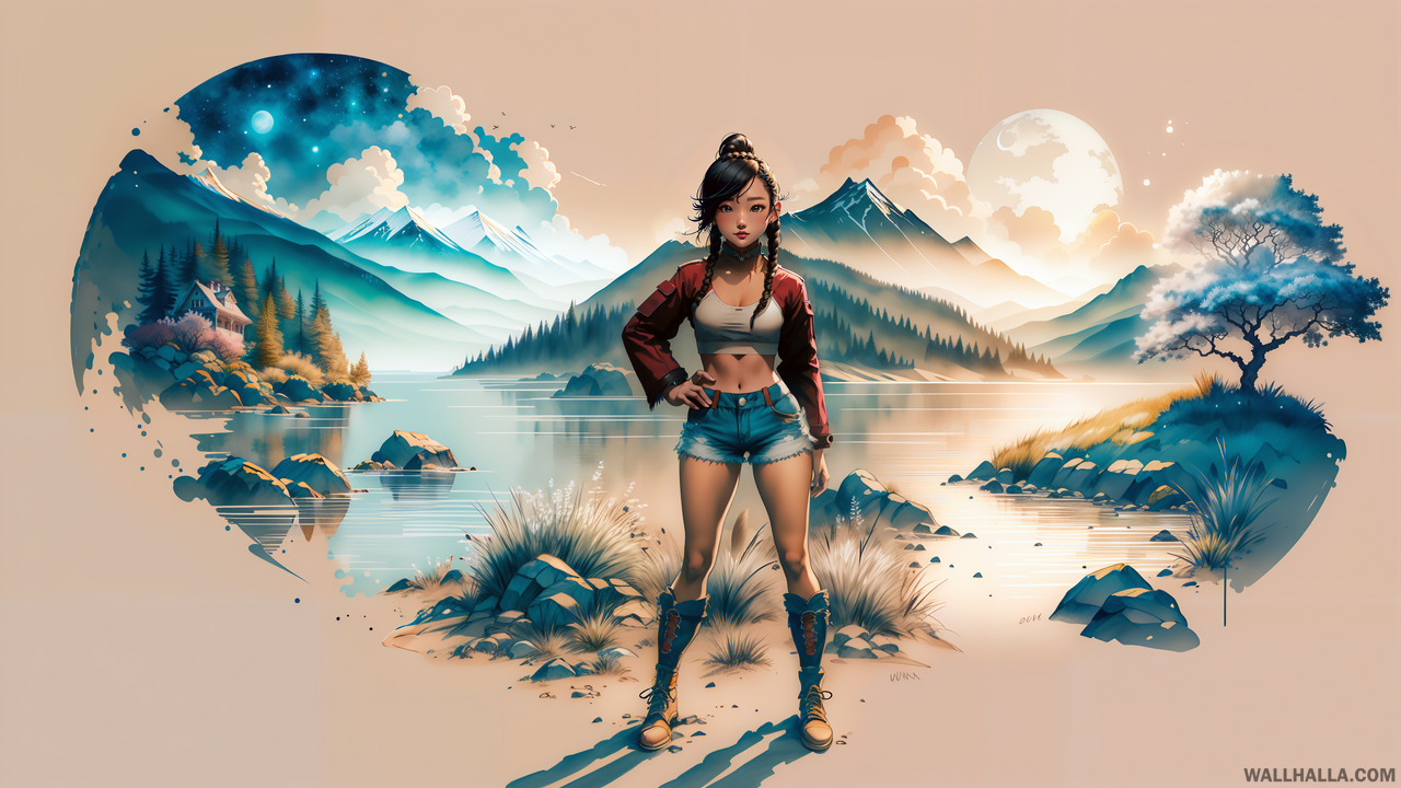 Discover our high-quality, 4k, award-winning drawing of a young adventurer girl with a braid, jacket, crop top, and short shorts in stunning nature scenery. Explore the clean lines and sketch of this concept character art masterpiece!