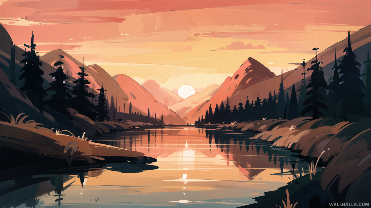 Discover an award-winning pastel sketch illustration of an expressionistic minimalism sunrise above a lake, created with vivid colors and marker strokes. Download in 4K resolution at Wallhalla.