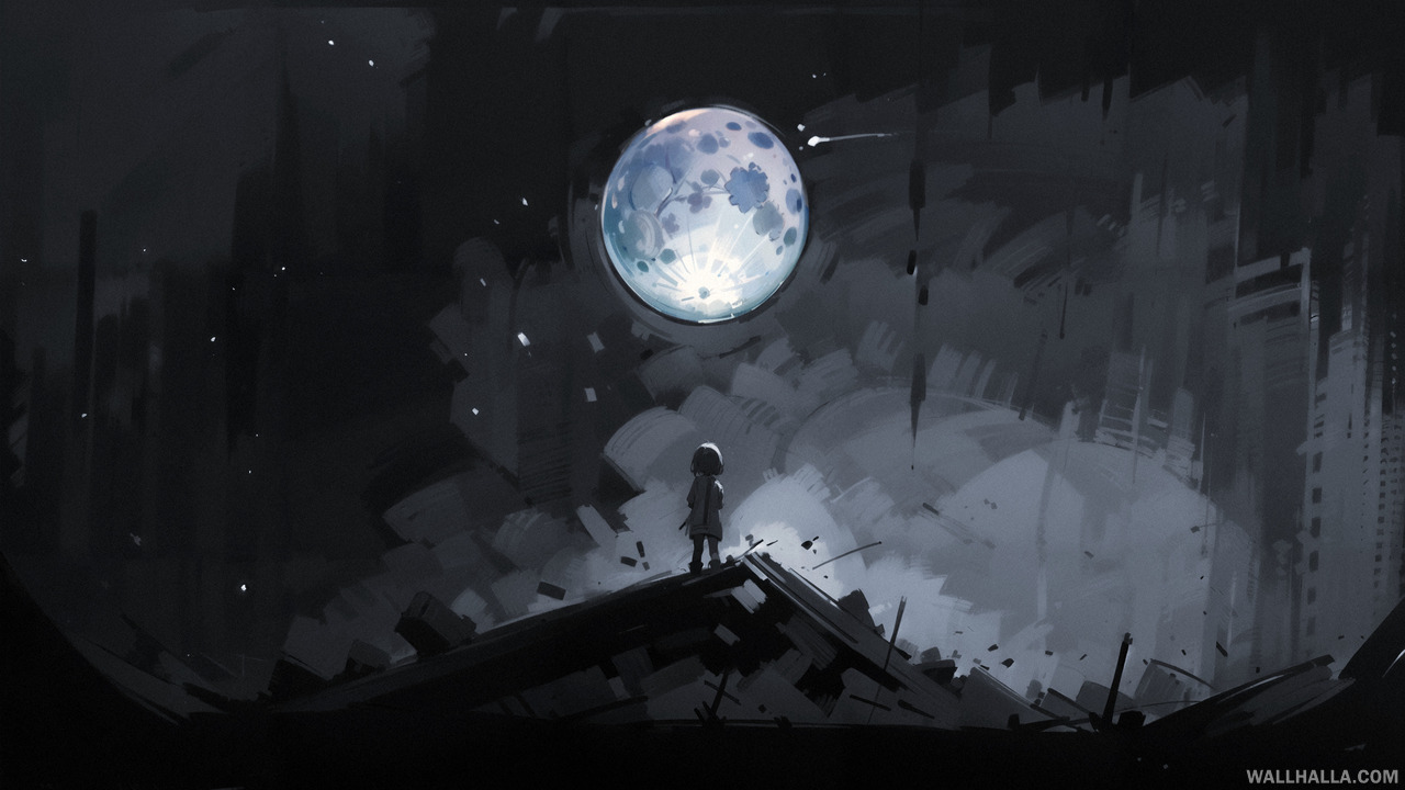 Discover our vintage, expressionistic, and minimalistic black and white illustration of a little girl silhouette on top of rubble, gazing at the full moon. Download this award winning pastel sketch wallpaper for desktop and mobile at Wallhalla.
